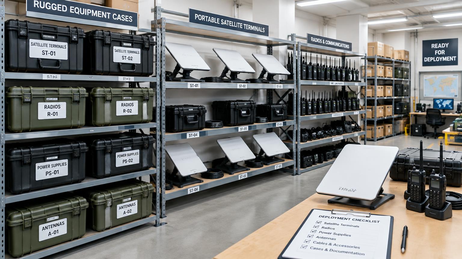 Warehouse with neatly organized crates of communication equipment.