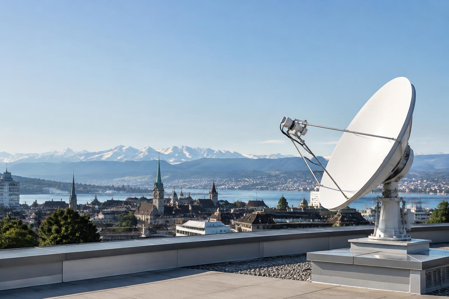 Illustrative satellite communications antenna overlooking Zurich and the Swiss Alps